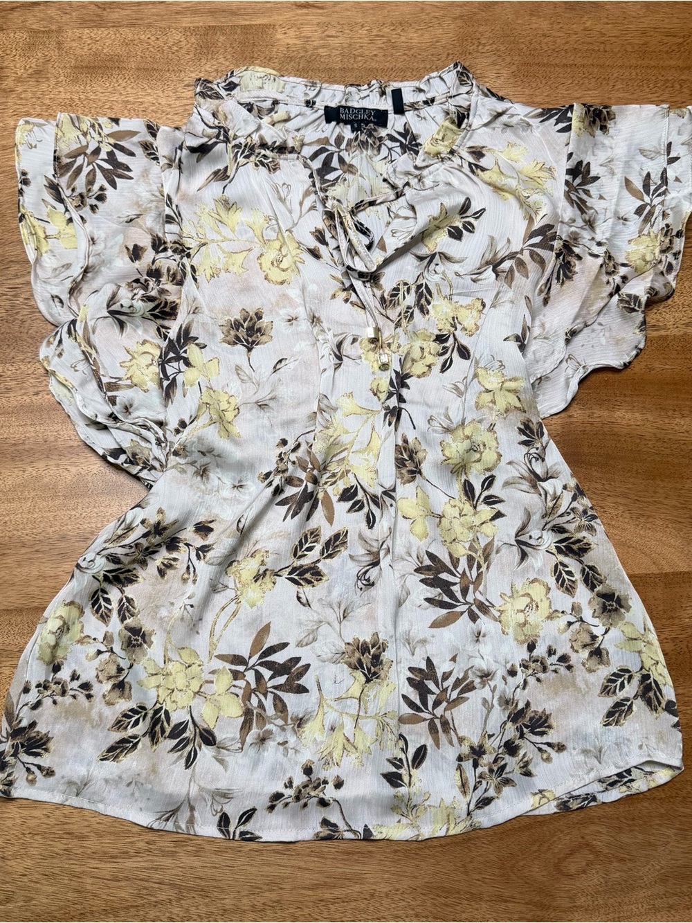 Badgley Mischka Cream Floral Ruffle-Sleeve Blouse with Yellow Accents